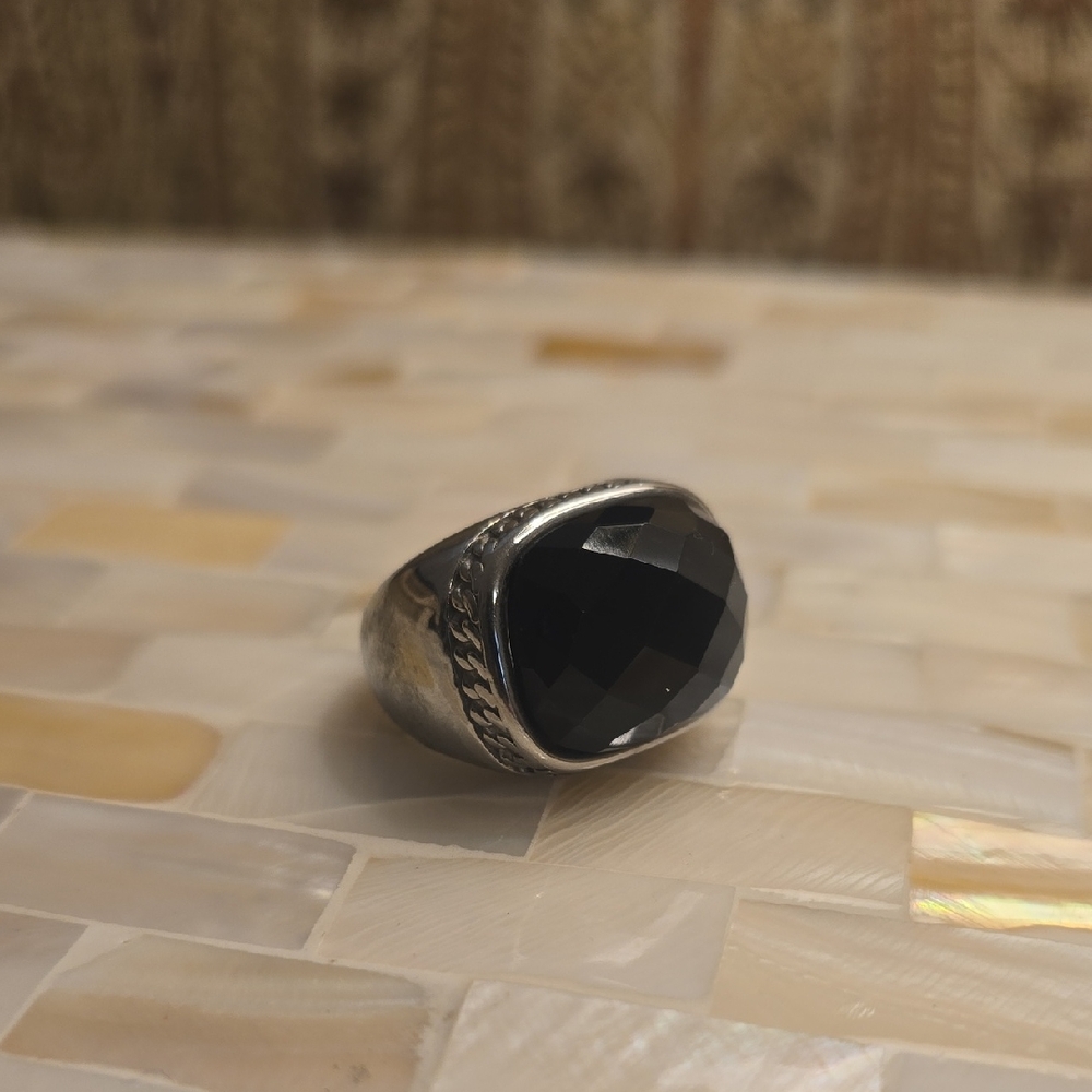 QVC Steel by Design Stainless Steel & Black Spinel Checkerboard Cut Ring, Size 8